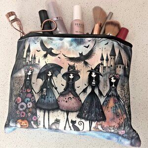 Halloween Pretty Fairy Witches Makeup Bag 8.5” x 6.5” Goth Bats Goblins Cats Owl